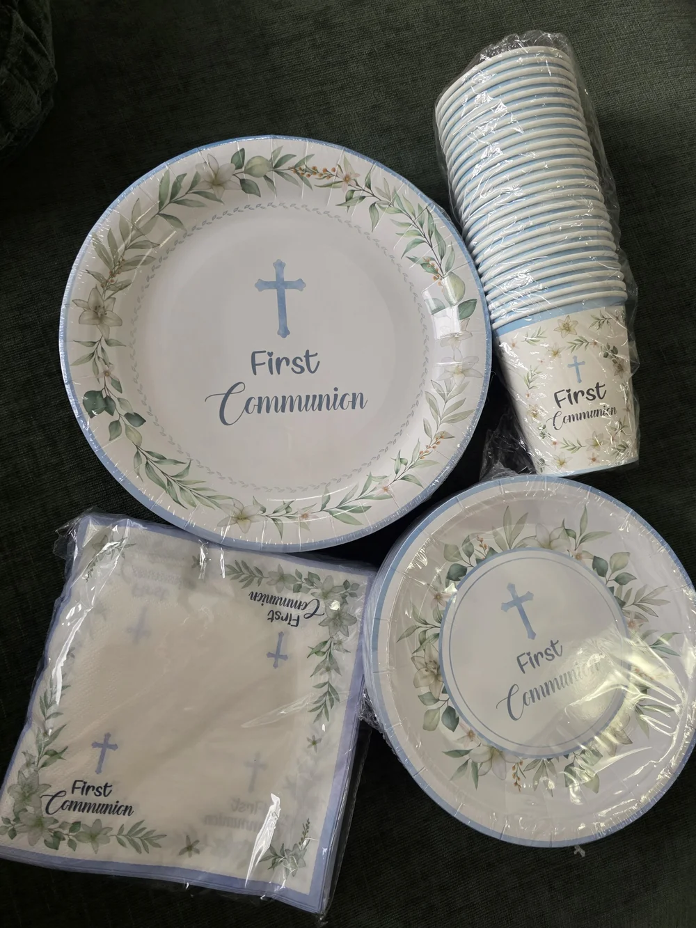 First Communion Party Paper Plates & Cups Set - Blue